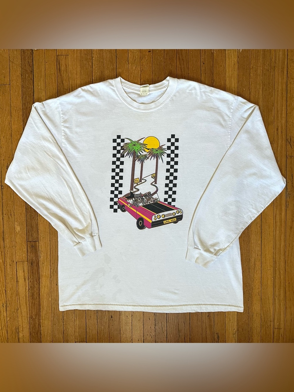 Gildan White Long-Sleeve Tee with Palm Tree Cat and Dog Convertible Graphic